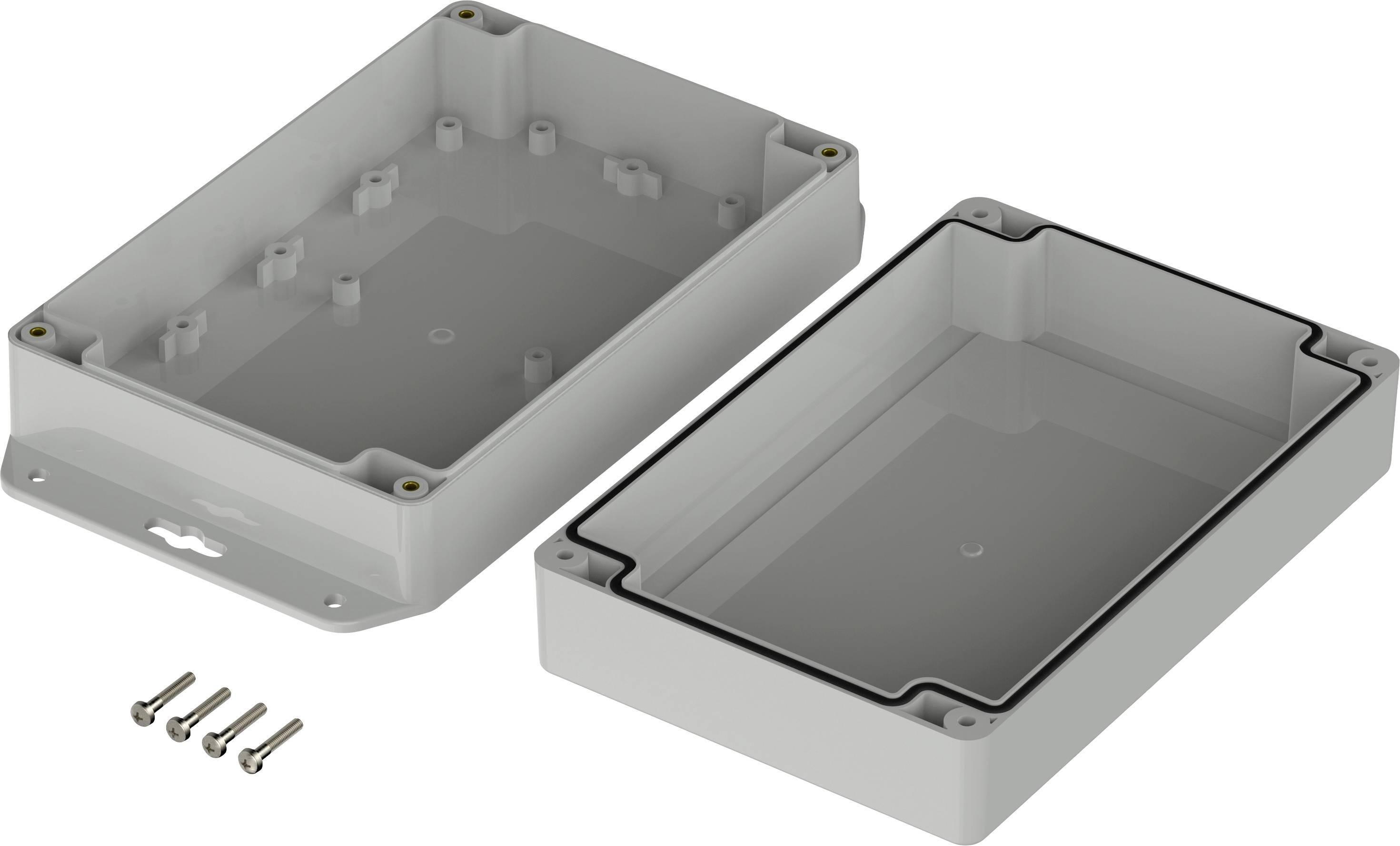 Two-part grey plastic box, opened. Contains separate top and bottom housing parts with four screws beside them.