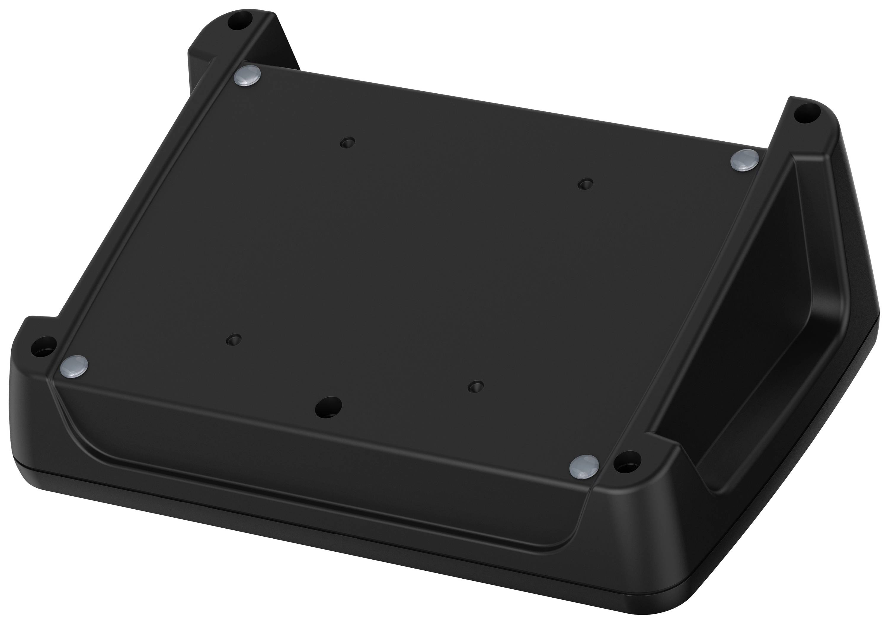 Black, rectangular plastic enclosure with rounded corners and four screw holes, suitable for device mounting.