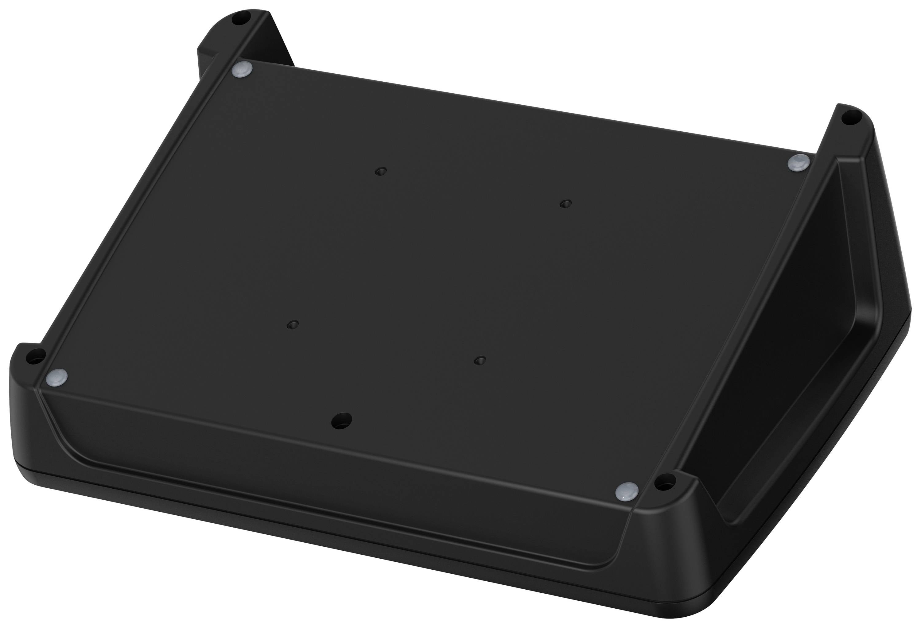 Black, rectangular plastic enclosure with rounded corners and mounting holes, suitable for electronic devices.
