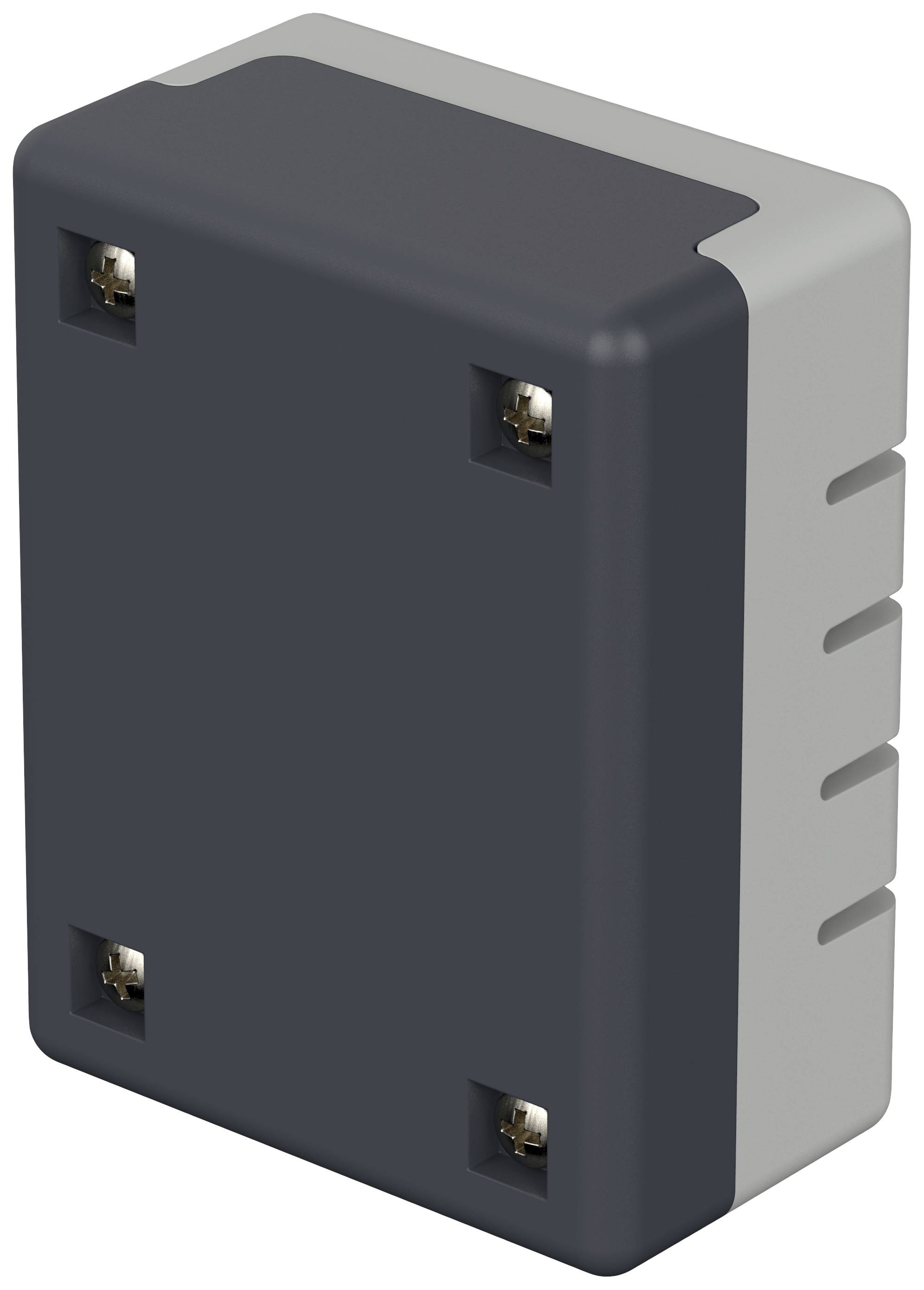 A dark, rectangular enclosure with four visible screws at the corners, possibly an electrical or technical device.