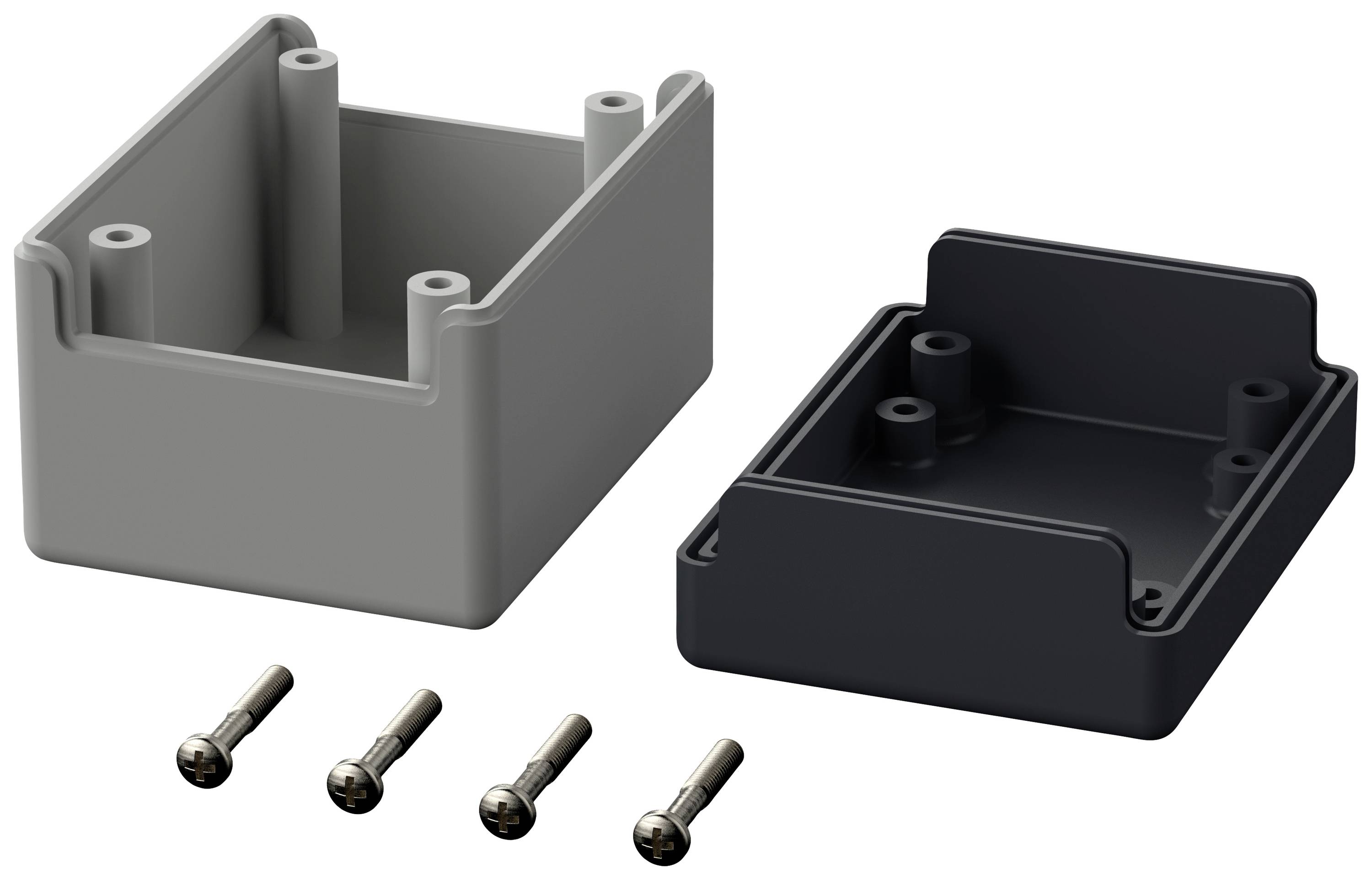 Two rectangular housing parts in grey and black side by side, each with four screws at the front. Ideal for electronic projects.