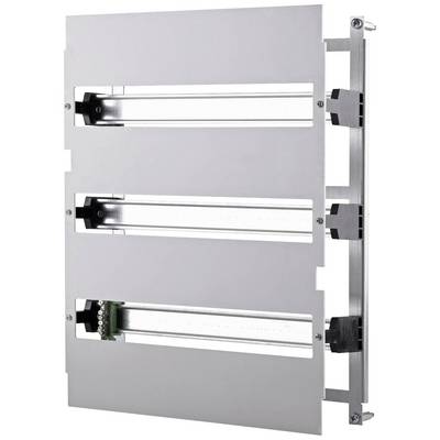 A rectangular metal frame with multiple horizontal rails, on which clamps and electronic components are mounted.