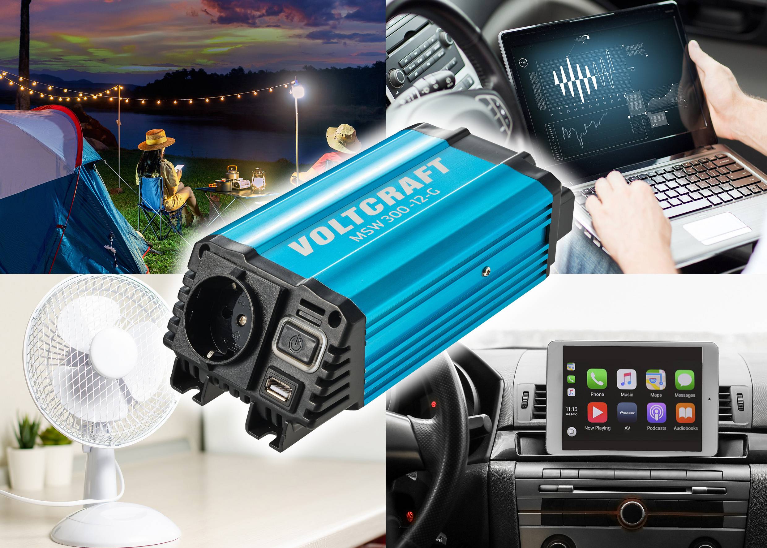 The image shows a blue voltage converter from the 'Voltcraft' brand. It is used to power devices such as fans or tablets while on the move in a car.