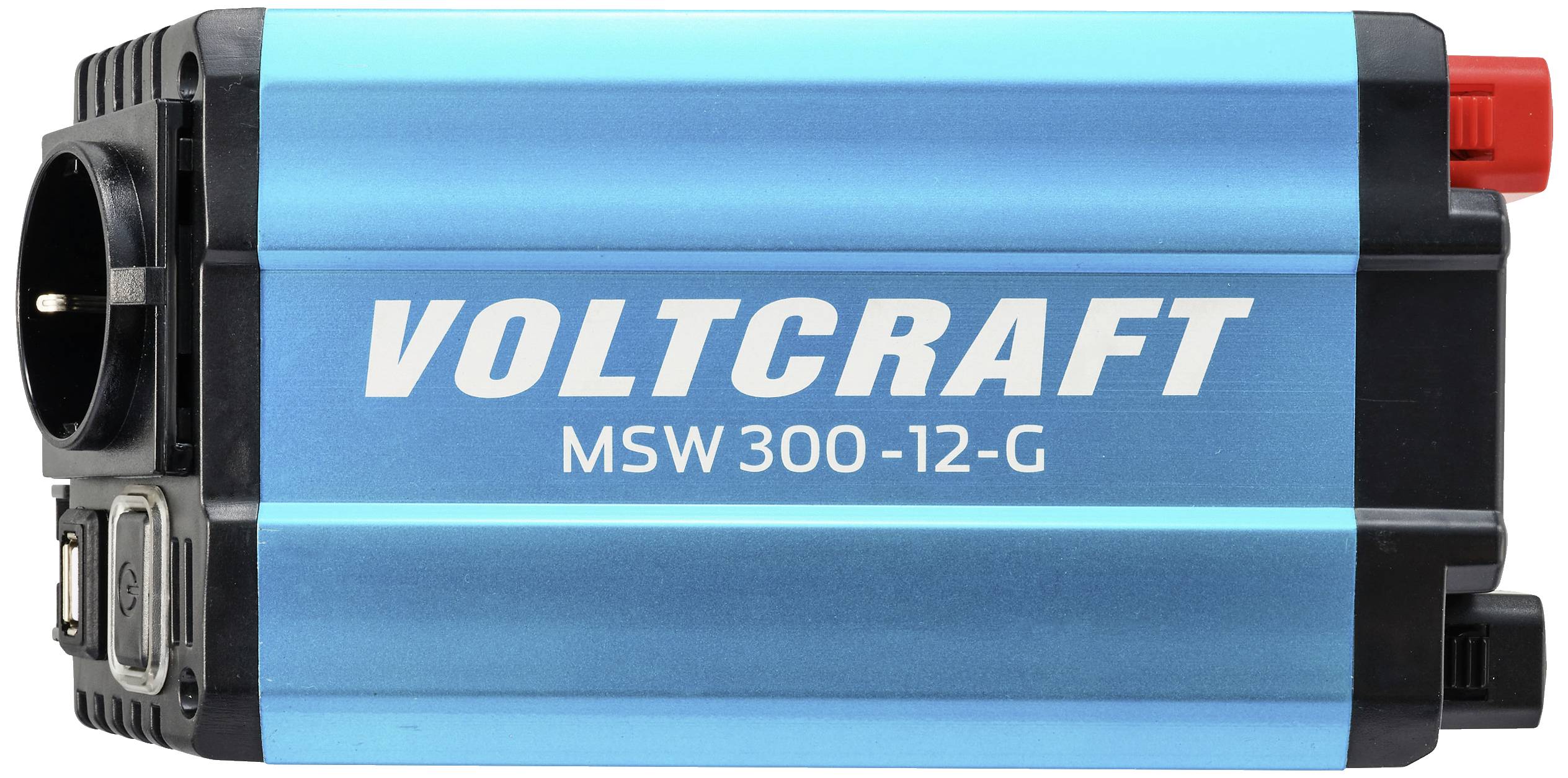 Blue voltage converter 'Voltcraft MSW 300-12-G' with black and red connection. Device for converting direct current to alternating current.