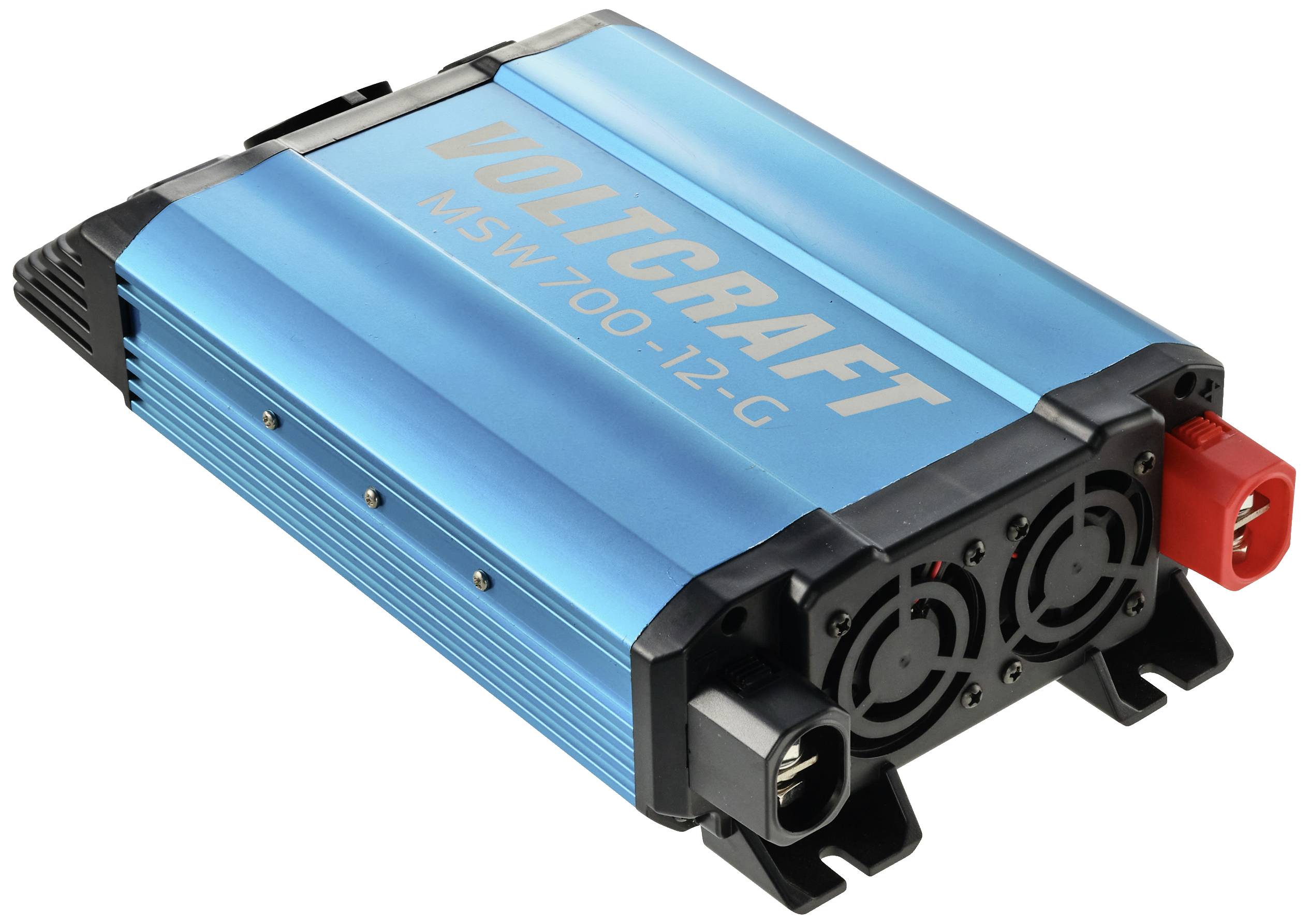Blue voltage converter with the inscription 'VOLTCRAFT MSW700-12-G', equipped with fans and red/black terminals.