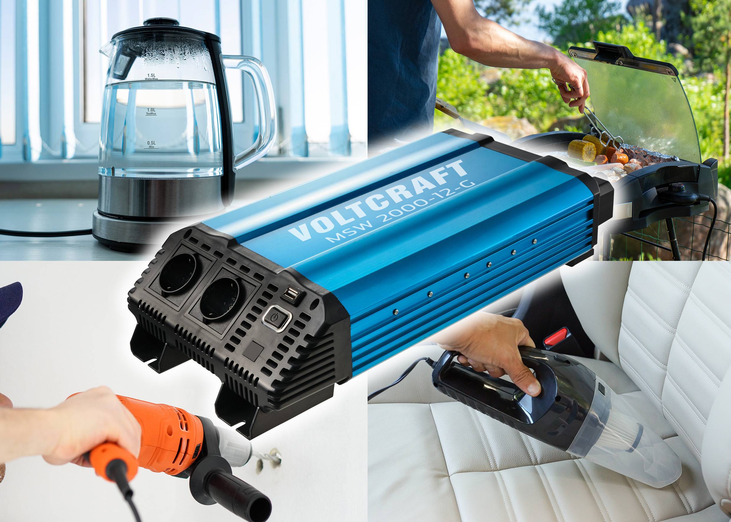 'Voltcraft' inverter supplies electrical devices outdoors. Pictured: Kettle, grill, drill, vacuum cleaner in action.