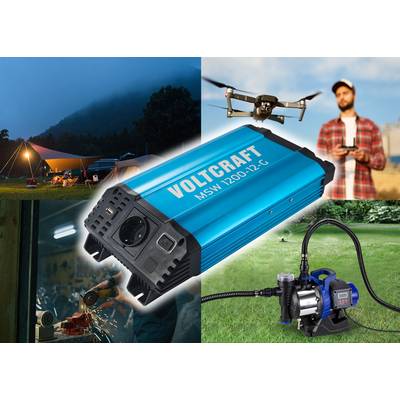 Collage with portable generator outdoors at night, drone flying, person with controller, pump in the garden, title: 'Voltcraft MSW 1200-12-C'.