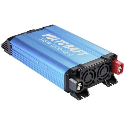 A blue voltage converter 'VOLTCRAFT MSW 1200-12-G' with ventilation slots and two connections on one side for power supply.