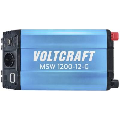 Voltage converter with blue casing, labelled 'Voltcraft MSW 1200-12-G', black fan and red connection terminal visible.