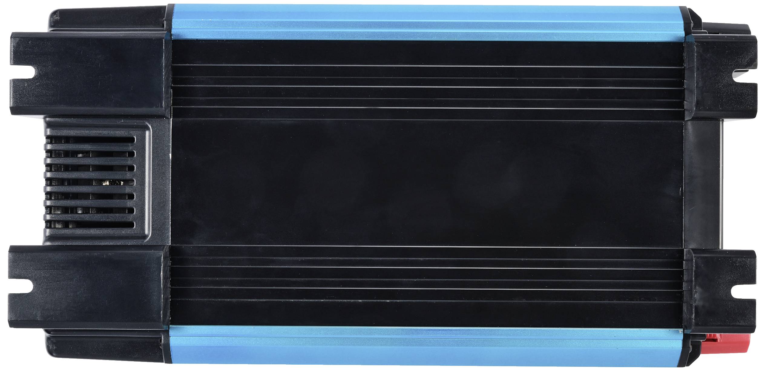 Rectangular black inverter with blue side stripes. It has heat sinks on the left side and connections on the right. Application: electrical equipment.