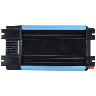 Rectangular black inverter with blue side stripes. It has heat sinks on the left side and connections on the right. Application: electrical equipment.