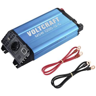 Blue Voltcraft Voltage Inverter MSW 1200-12-G with two cables. It converts 12V direct current to 230V alternating current.