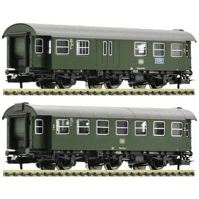 Two green model trains with side lettering and DB logo on tracks. Each has multiple windows and doors.