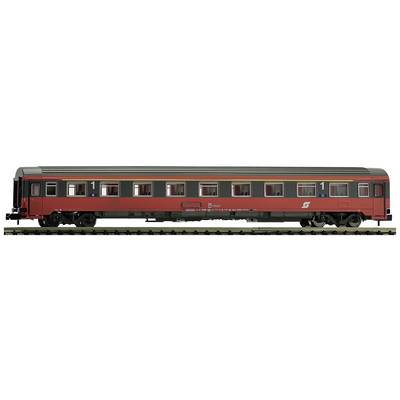 A red railway passenger carriage with the marking '1st Class'. Doors and windows are evenly distributed along the length of the carriage.