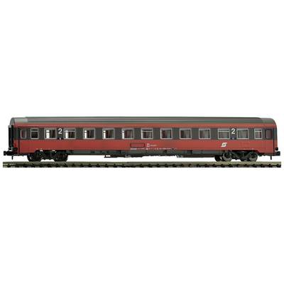 A red train carriage with the number '2' on its doors, positioned on a railway track. It has multiple windows and is adorned with a logo.