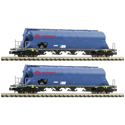 Two blue bulk freight wagons from the Ermewa company on railway tracks. They are suitable for bulk cargo transport and display the company logo.