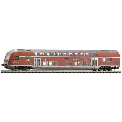 Two-storey regional train in red paintwork with bicycle and wheelchair symbols, standing on railway tracks.