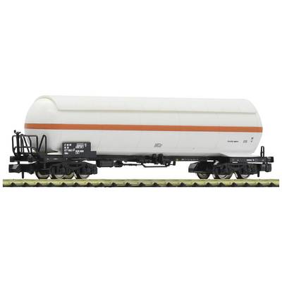 A white tanker wagon with an orange stripe, used for transporting liquids or gases.