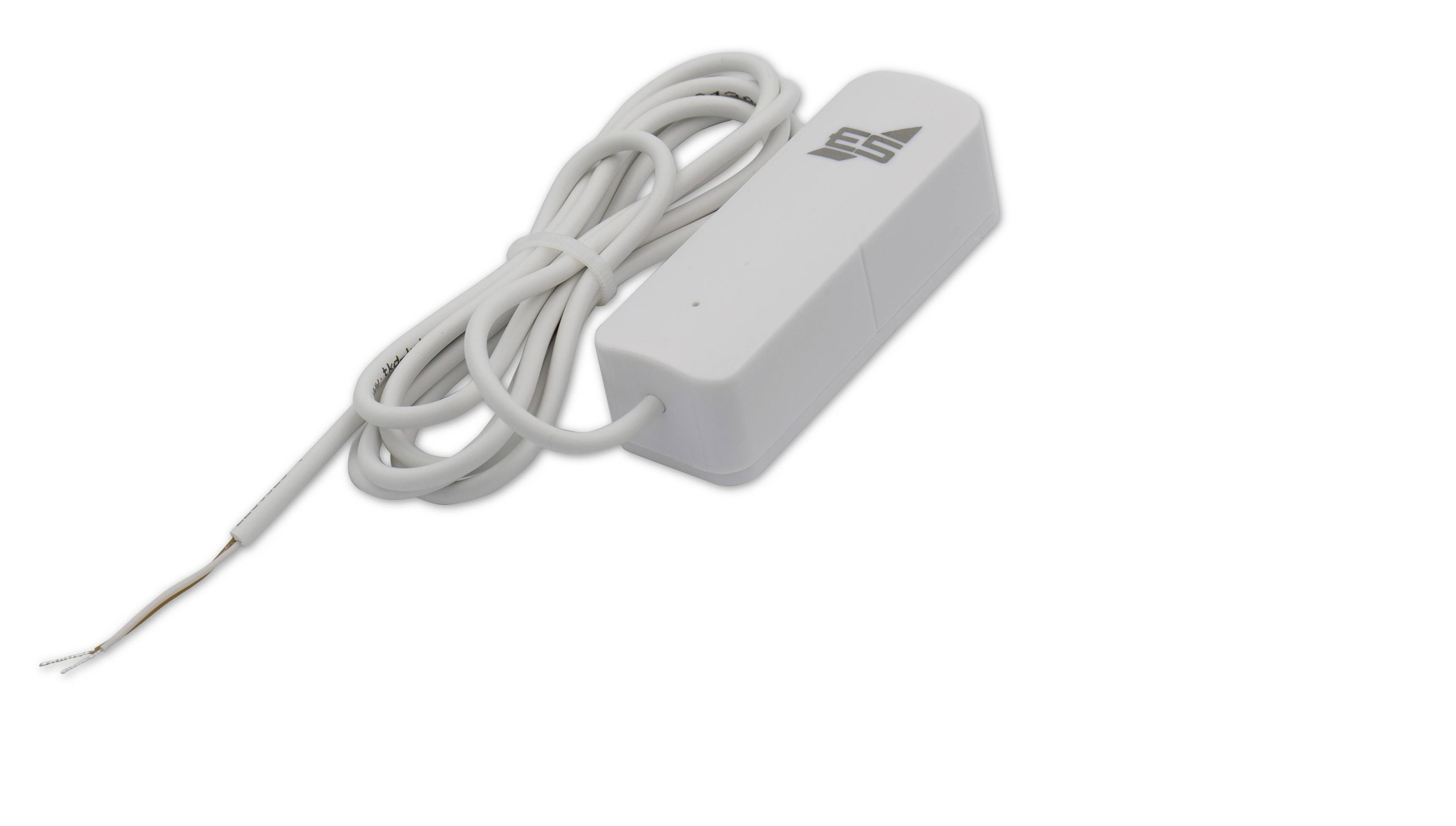 A white electronic sensor with a cable and exposed wire end is lying on a white surface.