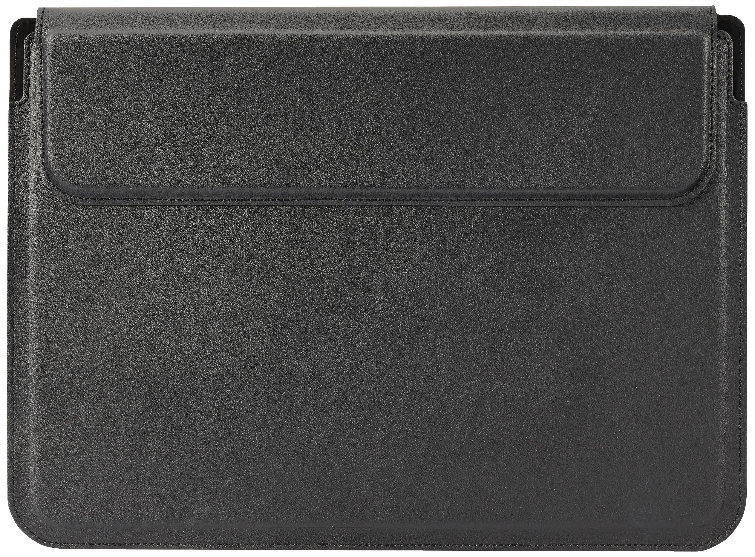 A black leather laptop sleeve lies flat, displaying its smooth surface and stitching.