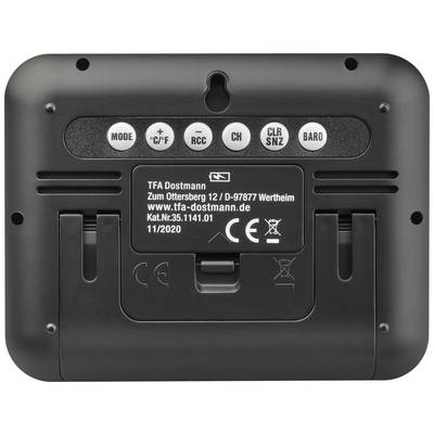 Back of an electronic device with control buttons, manufacturer information, and CE marking. Includes a stand.