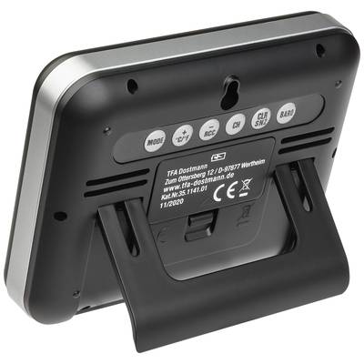 The reverse side of a digital display with a folding stand. Shows controls for wireless connection and operation. Manufacturer information present.