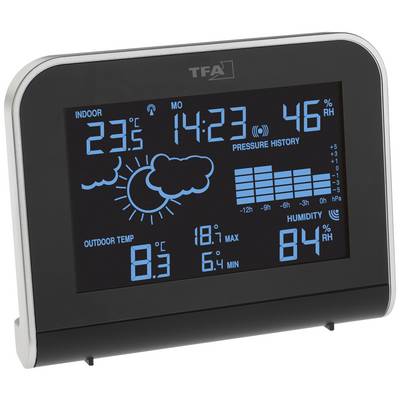 Digital thermometer display with indoor and outdoor temperature, time, weather forecast, air pressure trend and humidity.