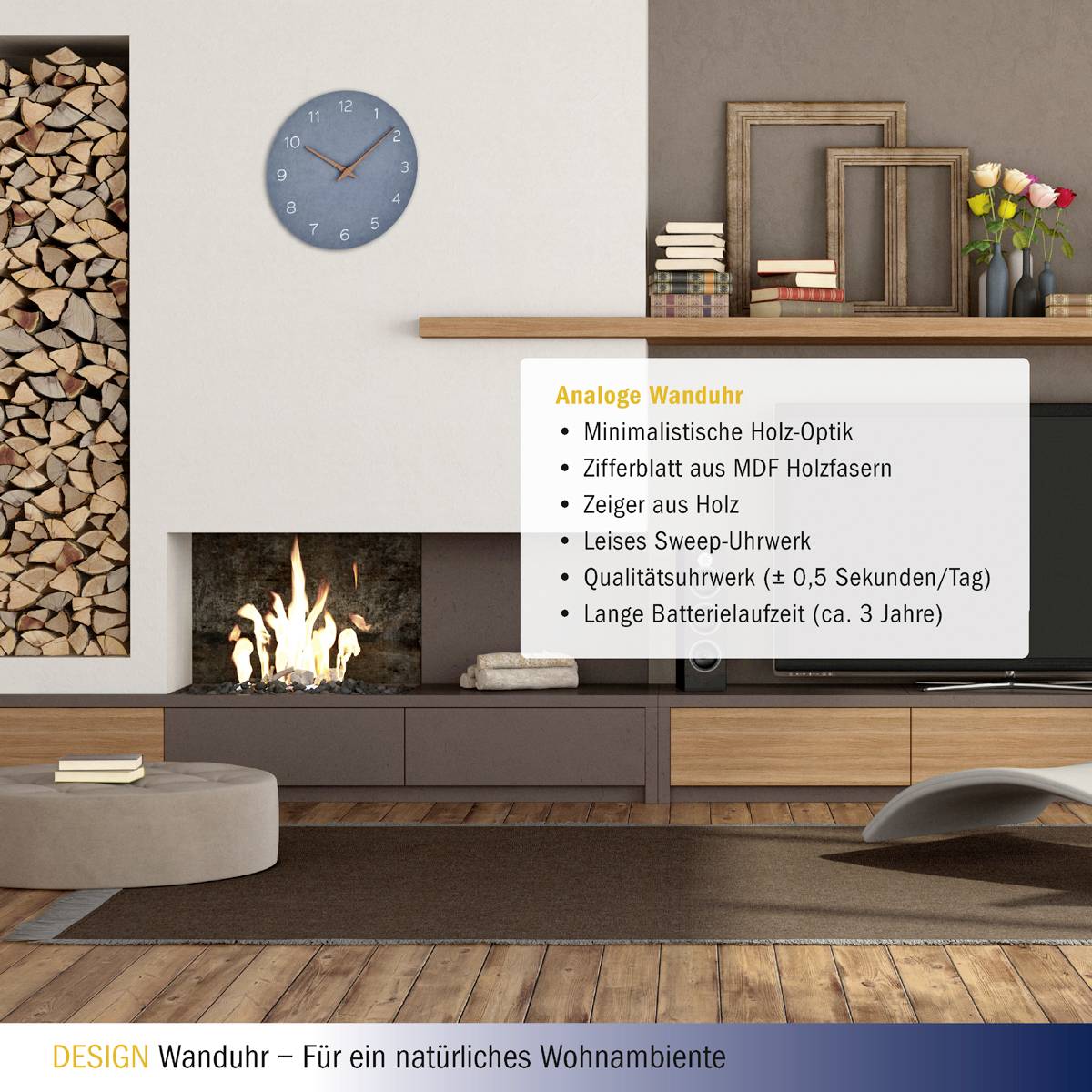 A minimalist living room interior with an analogue wall clock, stacks of wood, fireplace and modern shelving. Information about the clock and design.