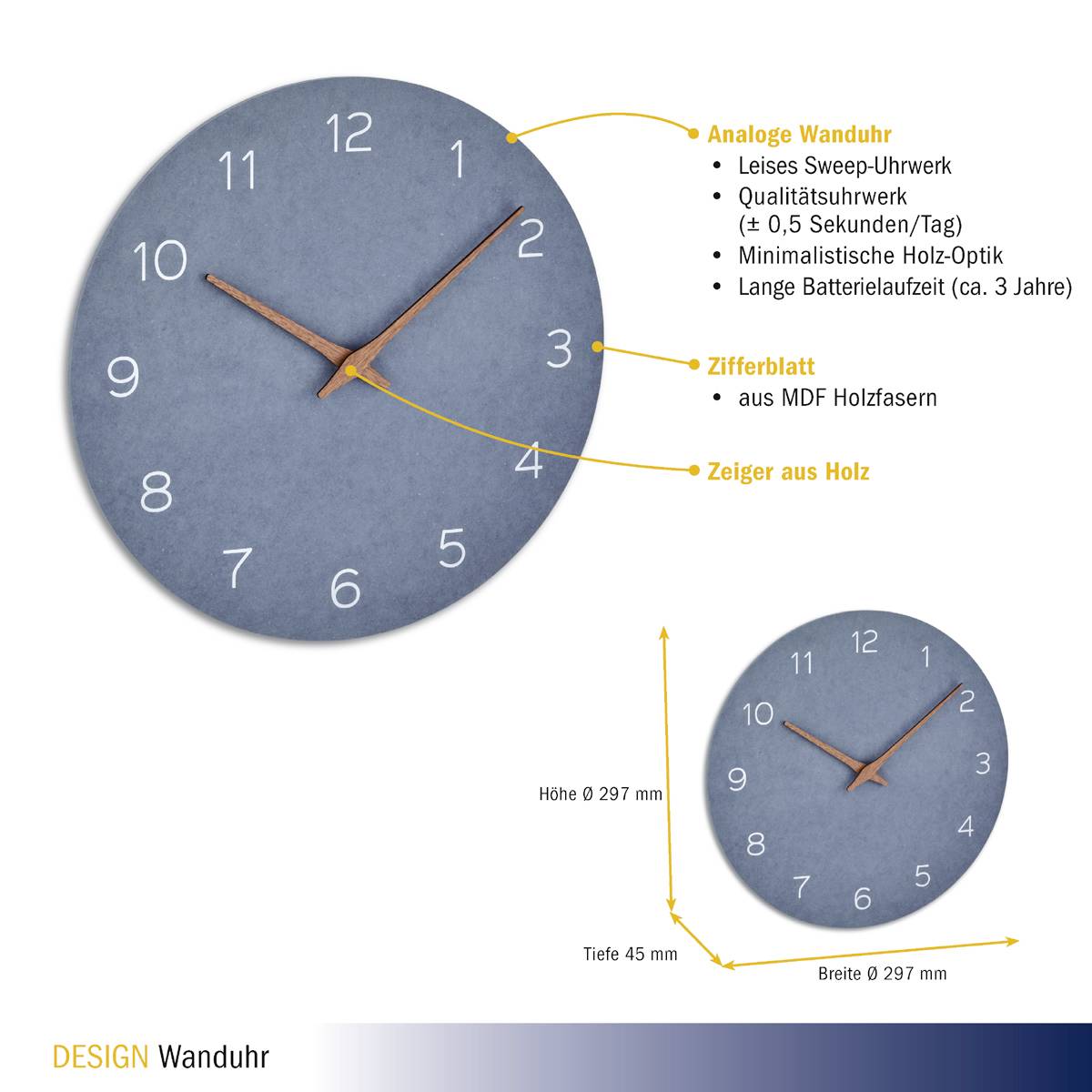 Analogue wall clock, minimalist design with silent sweep mechanism, MDF wood fibre dial, wooden hands, 3-year battery life.