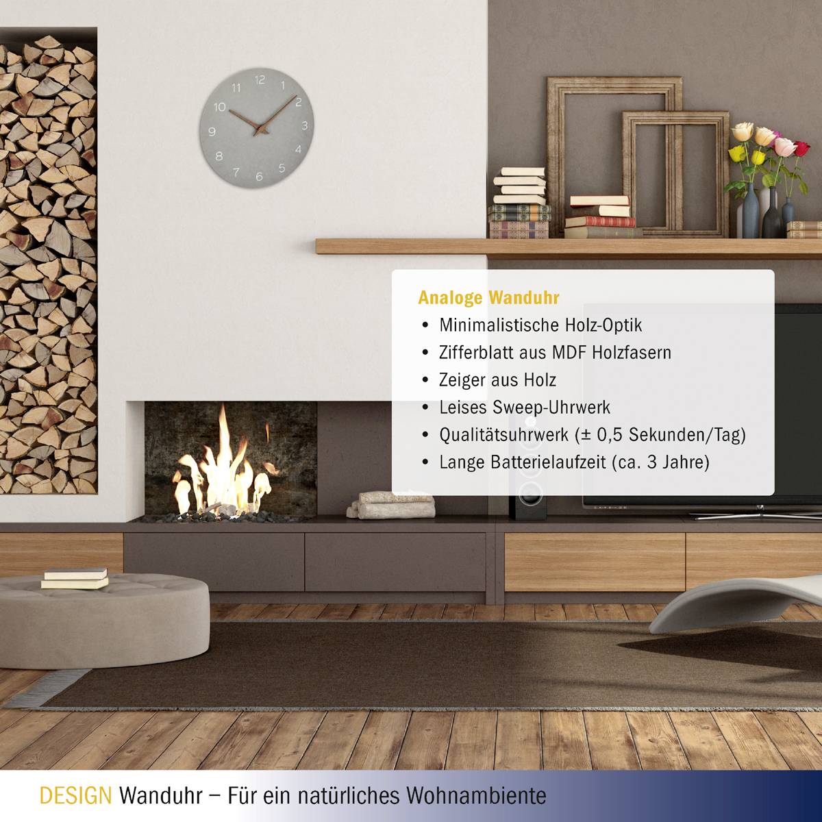 Wooden-effect analogue wall clock on a shelf, next to a stack of logs. The room features a fireplace, wooden flooring, and modern furnishing elements.