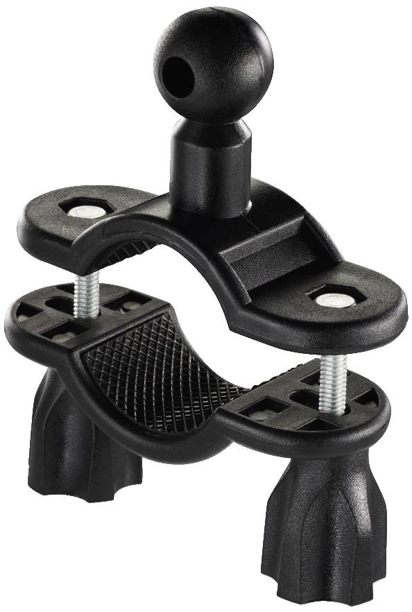 Black plastic pipe clip with two metal screws, suitable for securing round objects such as pipes or rods.