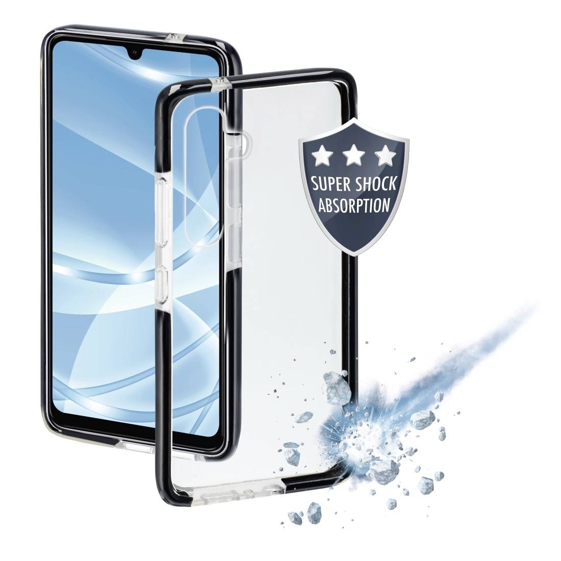 Phone case with a transparent design, provides protection against impacts. Shield with the text 'Super Shock Absorption' highlights the safety feature.