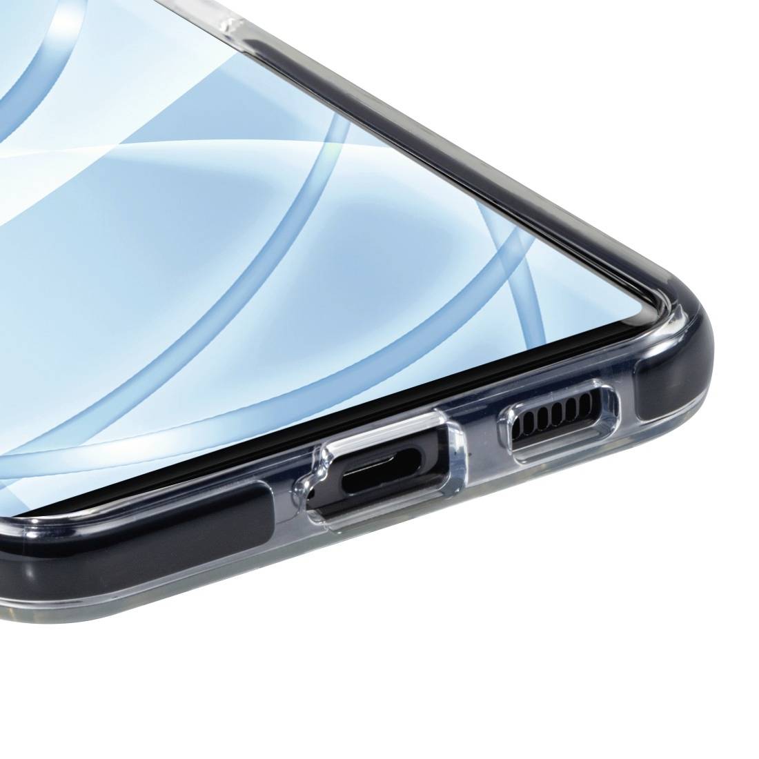 Close-up of a smartphone in a clear case, placed on a smooth surface.
