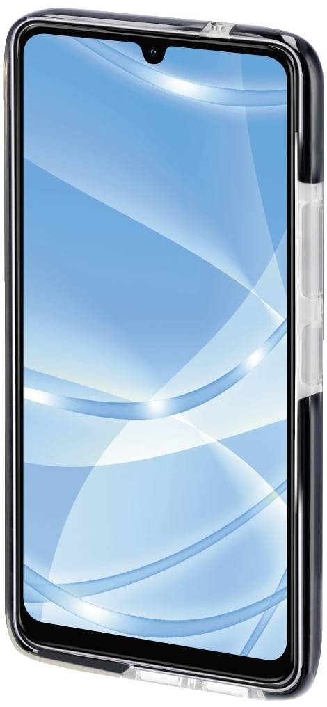 Smartphone with a black frame and blue screen background, potentially with a protective case around the device.