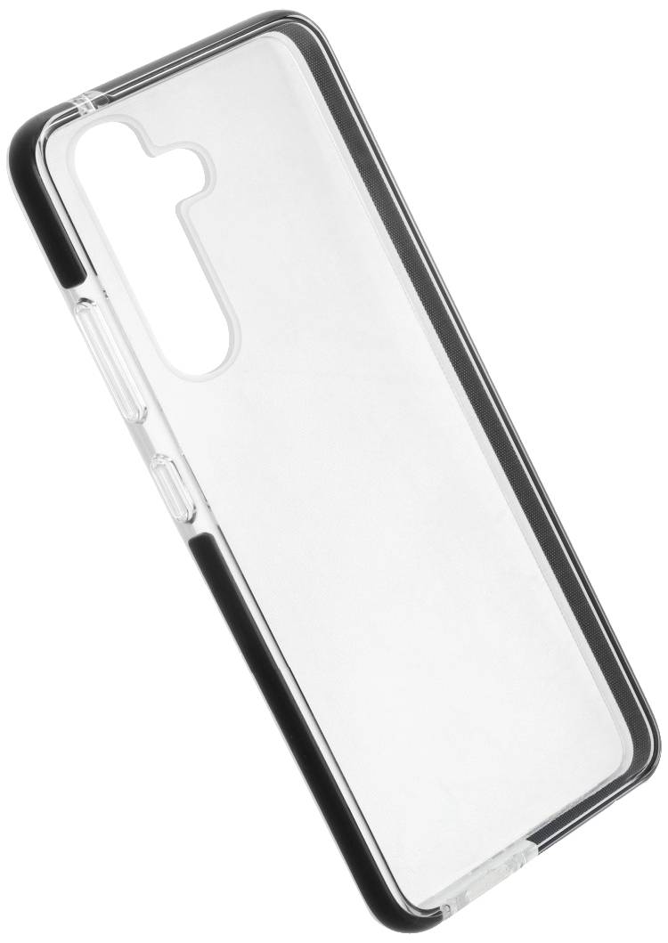 A transparent smartphone protective case with black edges, designed for a device with a vertically aligned camera opening.