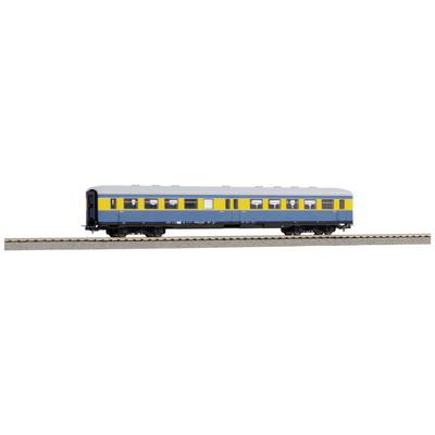 A model train carriage in blue and yellow sits on a section of track. The carriage has multiple windows and a detailed reproduction.