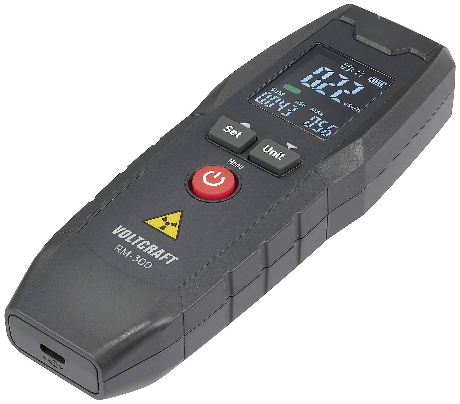 A portable radiation detector with a digital display shows a reading of "0.27". Below this are control buttons and a warning symbol.