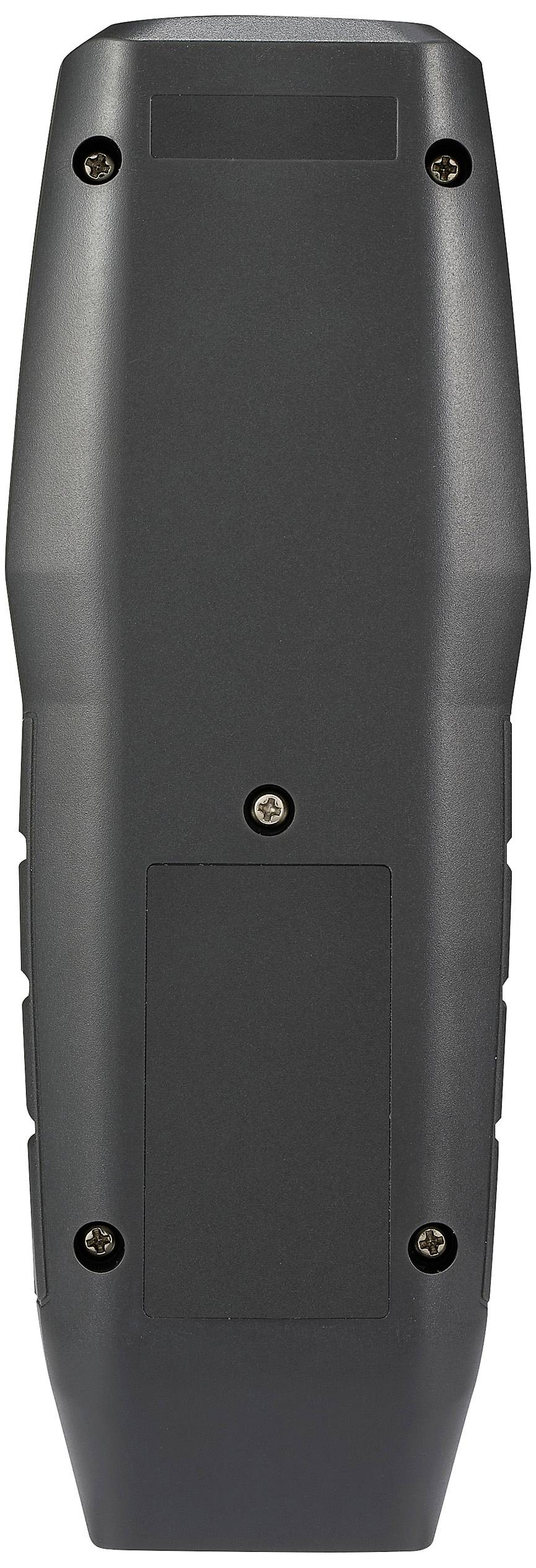 Back of an electronic device with a smooth, dark grey surface and six visible screws.