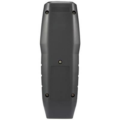 Back of an electronic device with a smooth, dark grey surface and six visible screws.