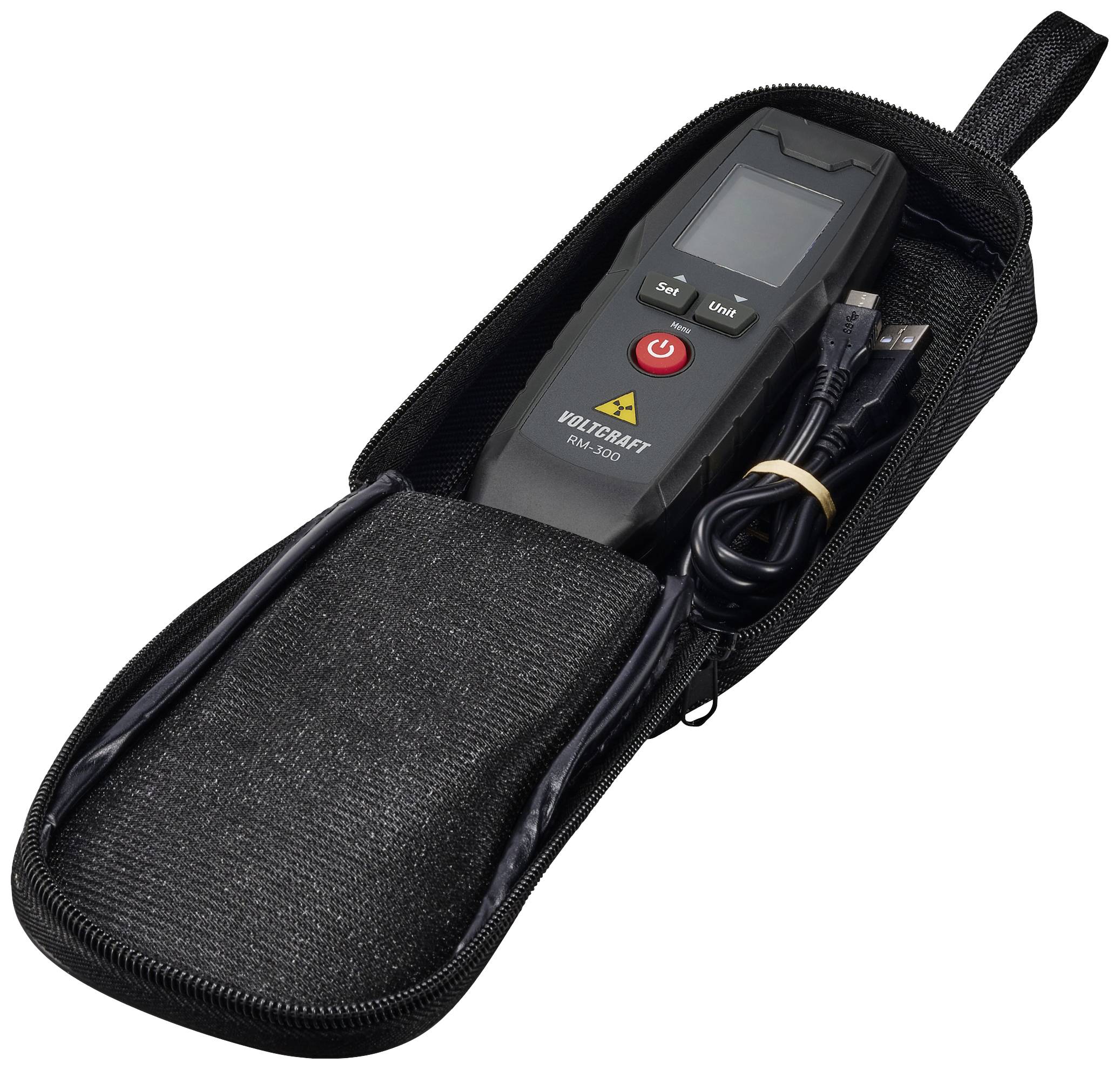 A digital measuring device in a black case, with a screen and two buttons. A USB cable lies beside it.