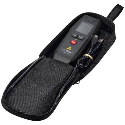 A digital measuring device in a black case, with a screen and two buttons. A USB cable lies beside it.