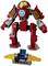 Red and grey robot made from building blocks with a blue circle on its chest and a yellow, wing-like platform in the foreground.