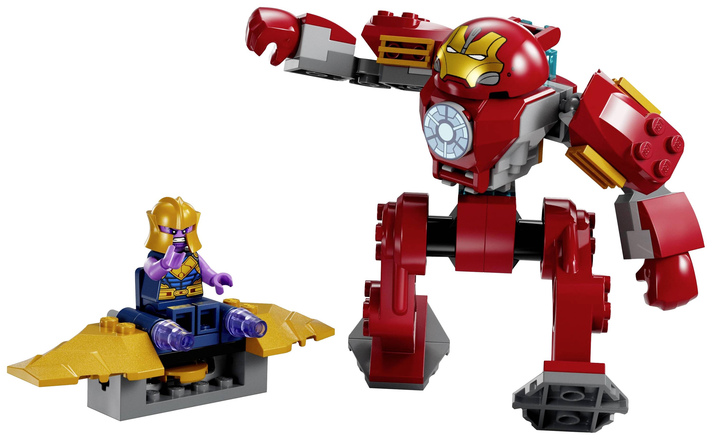 A red robot battling a smaller figure with a golden mask, seated on a golden flying device.