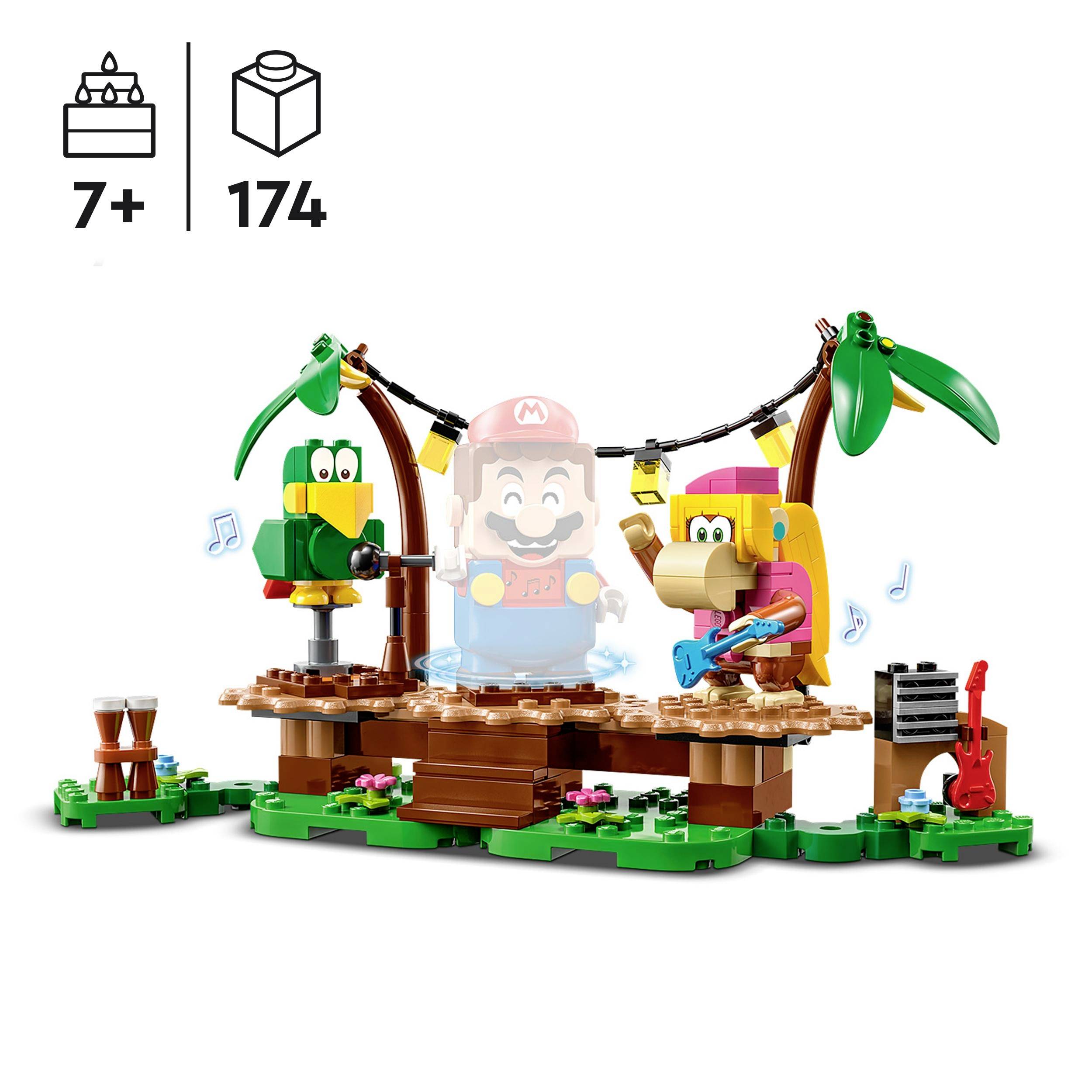 Lego Set for ages 7 and up with 174 pieces: Music scene with Lego minifigures on a stage, palm trees, musical notes, guitars, and speakers.