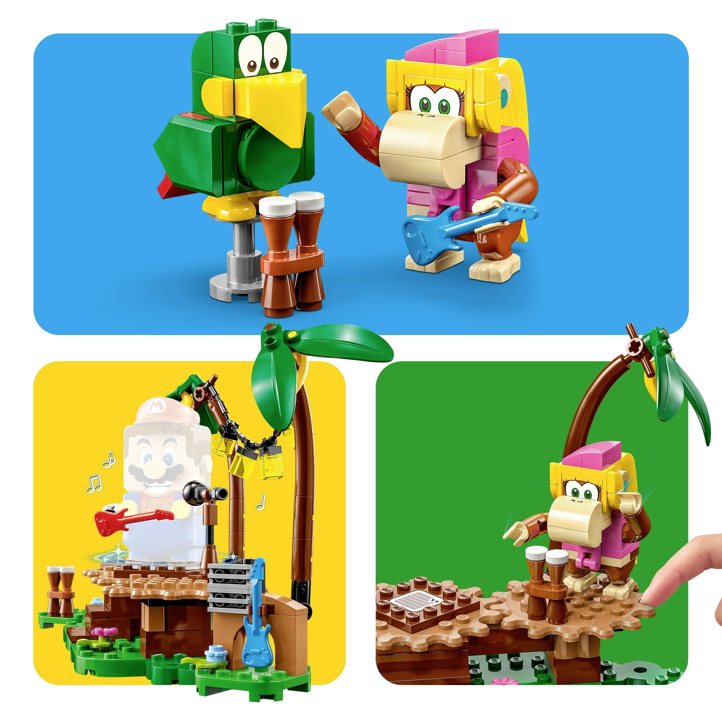 Three building block figures: a green parrot, a pink monkey figure with a hammer, and a figure on an island with building blocks and palm trees.