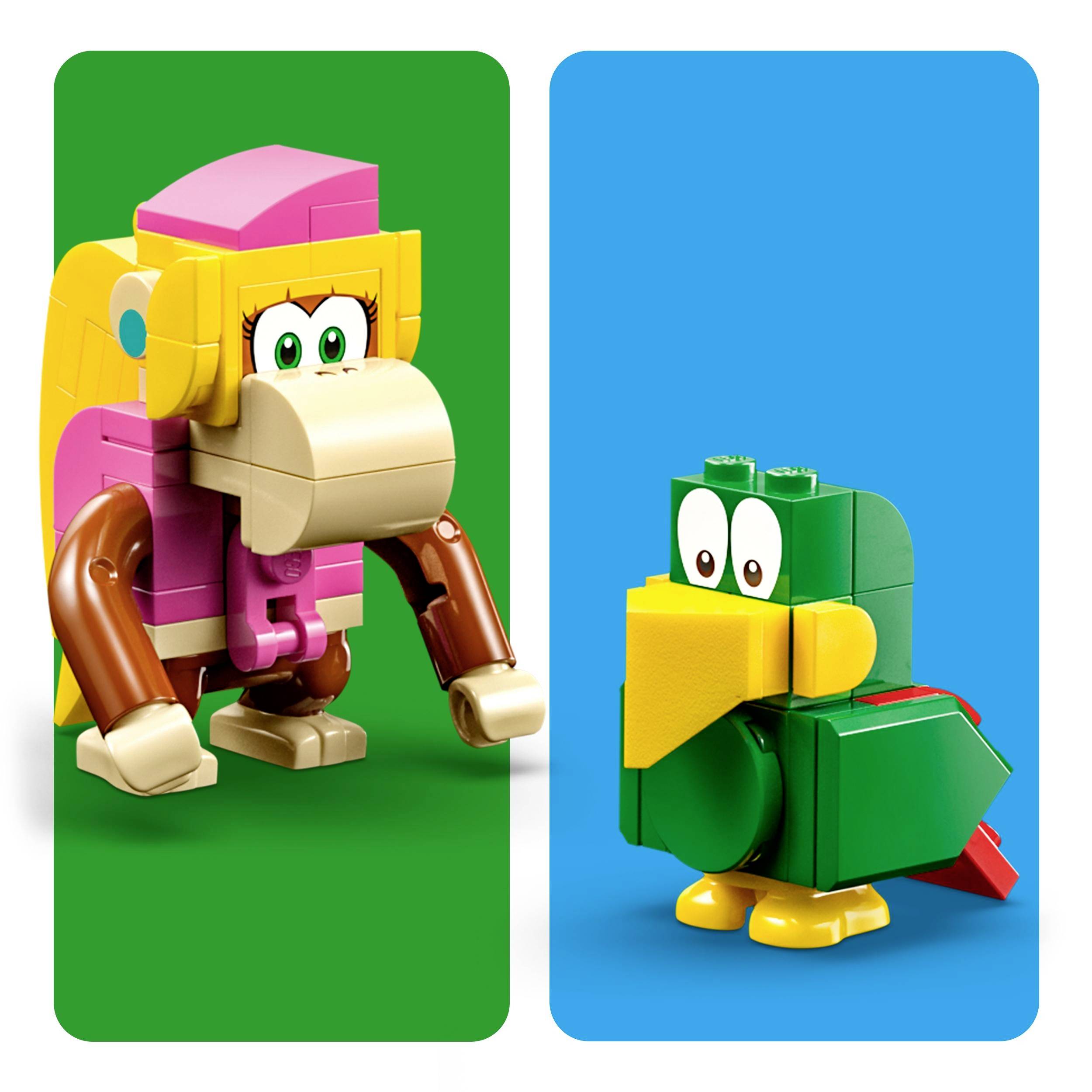 On the left is a colourful LEGO monkey on a green background. On the right is a colourful LEGO parrot against a blue background. Both are made from LEGO bricks.