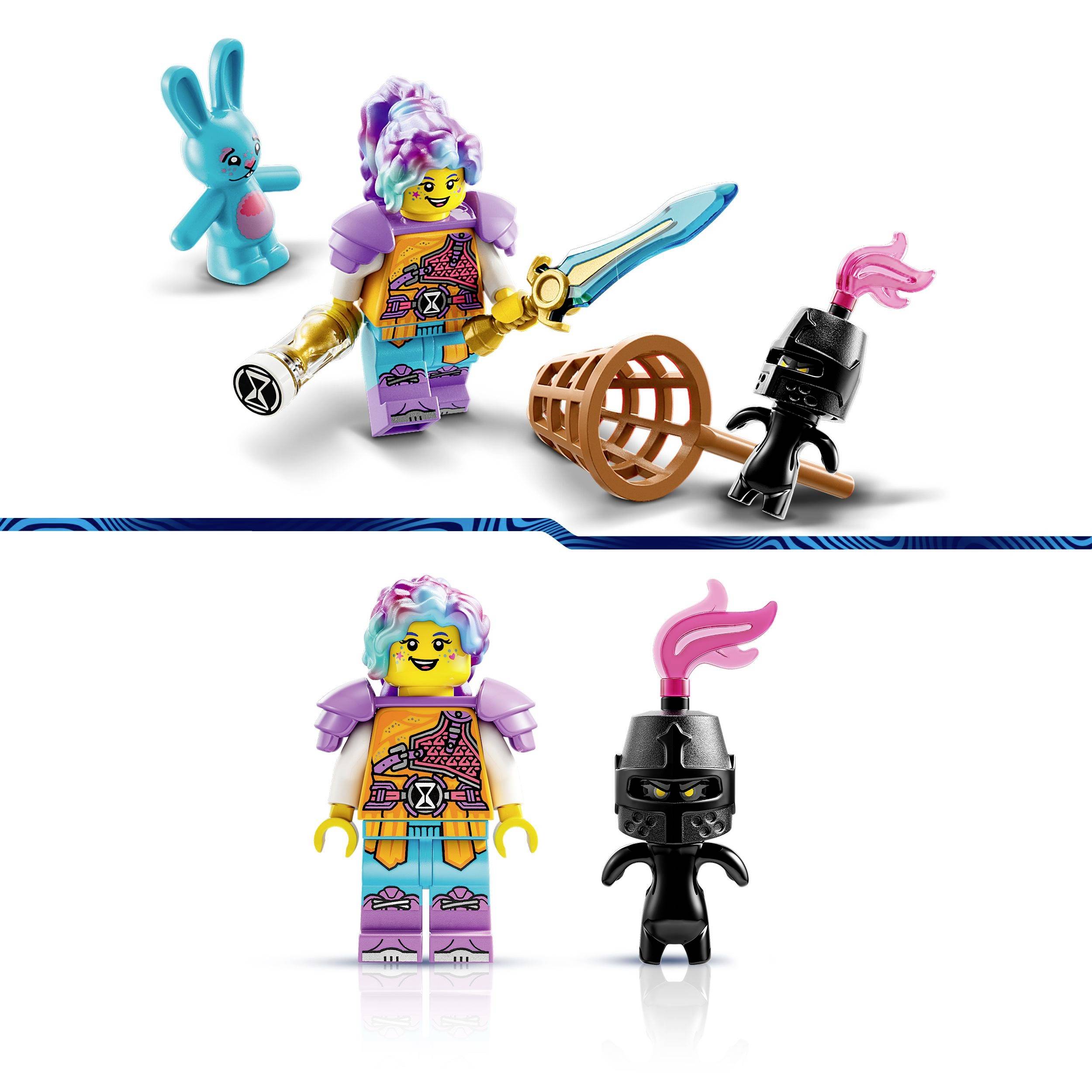 Coloured toy figures: On the left, a stylised warrior with a sword, on the right a small black knight with a pink flame on his helmet.