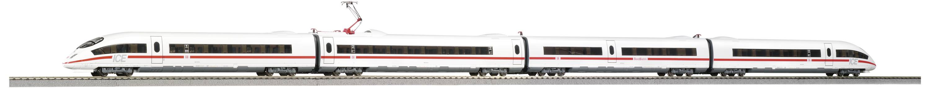 A white high-speed train with a red line travels on tracks from left to right; modern, aerodynamic shape.