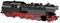 Black and red steam locomotive, side view. Detailed depiction of boiler, chimney and wheels. Historic train design.