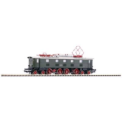 A model of a historic locomotive with green paintwork and red wheels on railway tracks. Two pantographs are visible on top.